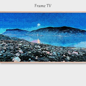 Frame TV Art. – Blue Mountain Lake with Colored Stones – Frame TV Art | 4K Digital Download |