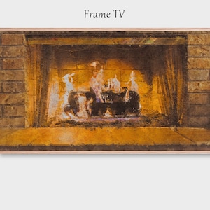 Warme gezellige open haard. Samsung Frame TV. Digitaal downloaden. Digitaal printen. Winter kunst. Bij het vuur.