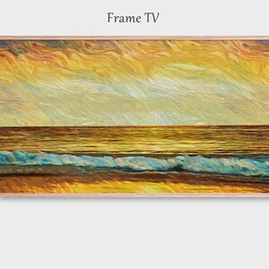 May include: A framed painting of a seascape with a blue wave crashing on a sandy beach. The sky is a vibrant yellow and orange with a light blue and white cloud pattern.