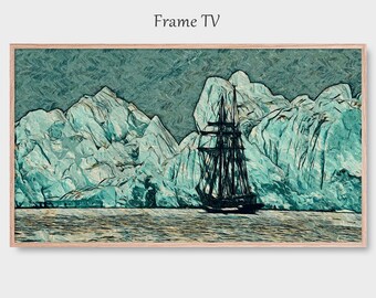 Ship Sailing Near Icebergs. Frame TV Art.. Icebergs. Digital Print. Digital Download. Frame TV Art.