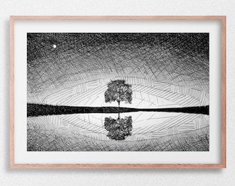 Single Tree Reflection Under Moon Sketch | Minimalist Art | Digital Artwork | Digital Print | Digital Download | Wall Art