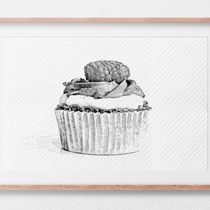 Raspberry Cupcake, Sketch. Minimalist Art. Digital Print. Digital Download. Wall Art. Digital Artwork. Printable Art.