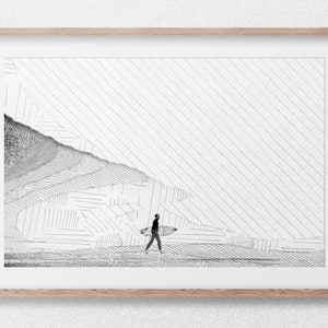 Surfer walking out to sea sketch | Minimalist Art  | Digital Artwork | Digital Print | Digital Download