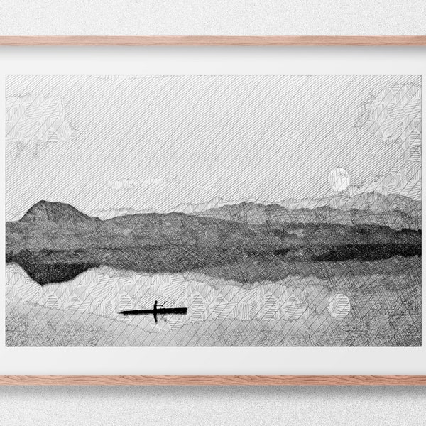 Canoe Under the Moon Sketch | Minimalist Art | Digital Artwork | Digital Print | Digital Download | Wall Art