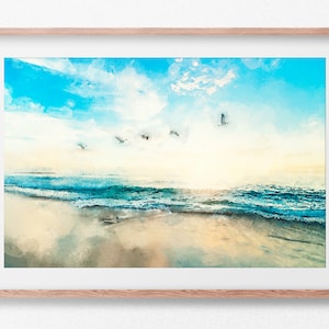 Beach birds flying over a sandy beach. Seagulls. Watercolor. Digital Print. Digital Download. Digital Artwork.