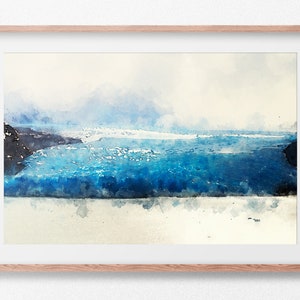 Deep blue waters and a white sandy beach. Watercolor. Digital Print. Digital Download. Digital Artwork.