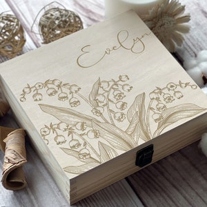 Personalized Wooden Box with Engraving Lily of the Valley Design, May Zodiac Gift Custom Keepsake Box image 3