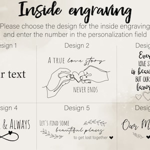Pu&ograve; includere: Sei diversi design per l'incisione all'interno di un regalo. Il design 1 &egrave; vuoto per un testo personalizzato. Il design 2 mostra due mani che tengono un cuore con il testo "A TRUE love story NEVER ENDS". Il design 3 mostra il testo "Every LOVE STORY is beautiful BUT OURS IS MY favorite". Il design 4 mostra il testo "FOREVER & ALWAYS" con un simbolo di infinito. Il design 5 mostra il testo "LET'S FIND SOME beautiful places to get lost together". Il design 6 mostra il testo "Our Memories".