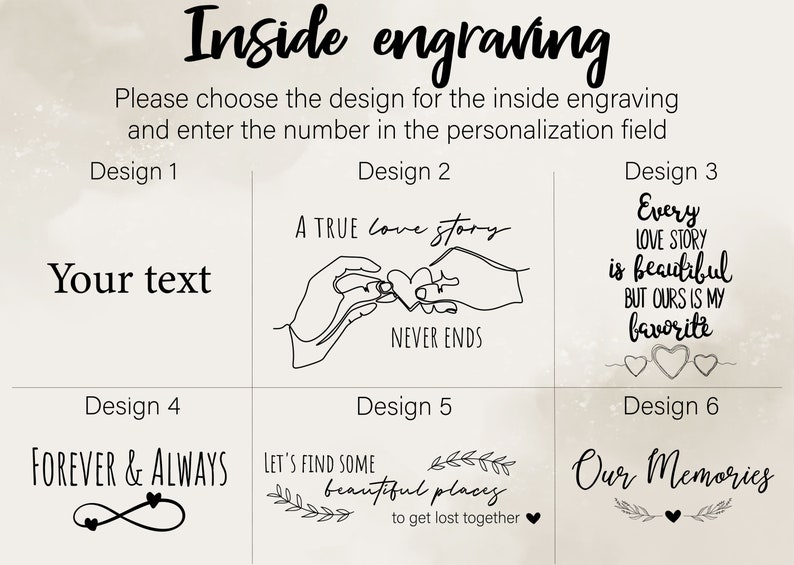 Pu&ograve; includere: Sei diversi design per l'incisione all'interno di un regalo. Il design 1 &egrave; vuoto per un testo personalizzato. Il design 2 mostra due mani che tengono un cuore con il testo "A TRUE love story NEVER ENDS". Il design 3 mostra il testo "Every LOVE STORY is beautiful BUT OURS IS MY favorite". Il design 4 mostra il testo "FOREVER & ALWAYS" con un simbolo di infinito. Il design 5 mostra il testo "LET'S FIND SOME beautiful places to get lost together". Il design 6 mostra il testo "Our Memories".
