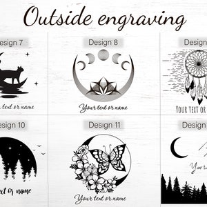 May include: A set of 12 different designs for engraving on a wooden box. The designs include a cat on a crescent moon, a crescent moon with a lotus flower, a dreamcatcher, a forest, a butterfly on a crescent moon, and a crescent moon with rain.