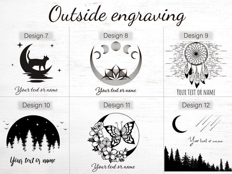 May include: A set of 12 different designs for engraving on a wooden box. The designs include a cat on a crescent moon, a crescent moon with a lotus flower, a dreamcatcher, a forest, a butterfly on a crescent moon, and a crescent moon with rain.