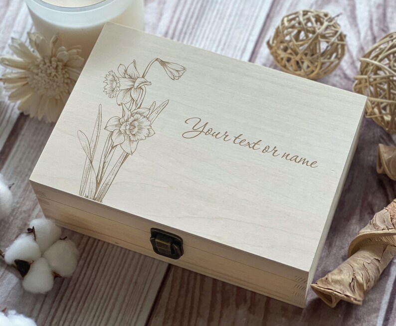 Daffodils, Personalized Wooden Box, Women Box, Happy Birthday Gift, Gift For Best Friend, Keepsake Box, Memory Box, Boxes Wholesale, Flowers image 1