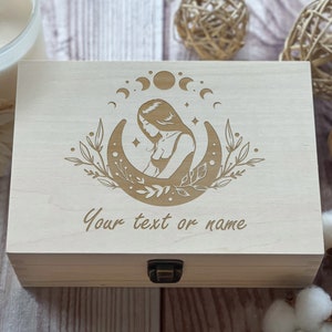 Girl And Moon, Personalized Wooden Box, Gift For Sister, Gift For Friend, Women Box, Mystery, Tattoo, Custom Box, Keepsake Box, Memory Box