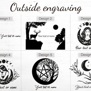May include: Six different designs for personalized engravings. Each design features a black and white illustration of a nature-inspired motif, such as a deer, a crescent moon, a tree, and a woman. The text "Your text or name" appears below each design.