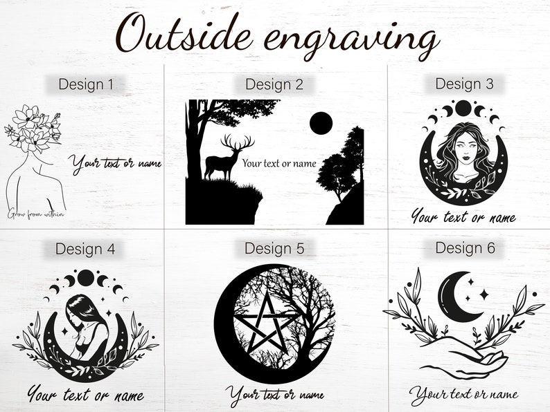 May include: Six different designs for personalized engravings. Each design features a black and white illustration of a nature-inspired motif, such as a deer, a crescent moon, a tree, and a woman. The text "Your text or name" appears below each design.