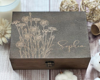 Personalized Wooden Box for Bridesmaid Gifts, Women's Birthday Gifts, Jewelry Organizer | January Aquarius Flowers