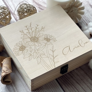 Personalized Wooden Box with Engraving Bridesmaid Gifts, Birthday Gifts for Her, Jewelry Organizer April Flower, Daisy image 1