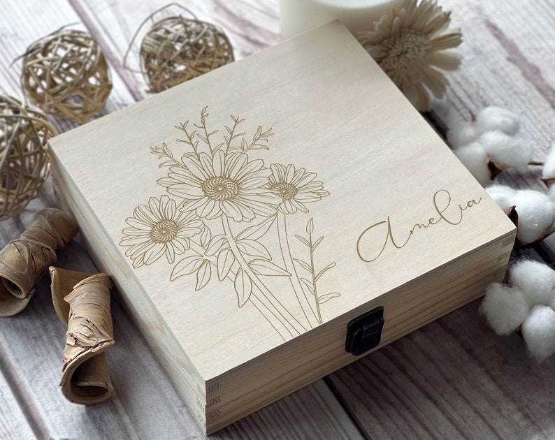 Personalized Wooden Box with Engraving Bridesmaid Gifts, Birthday Gifts for Her, Jewelry Organizer April Flower, Daisy image 1