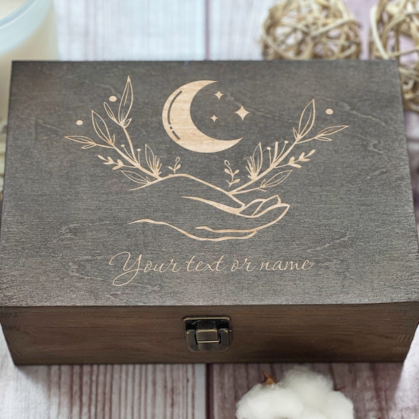 Personalized Wooden Keepsake Box: Hand Holding Moon, Soulmate Gift