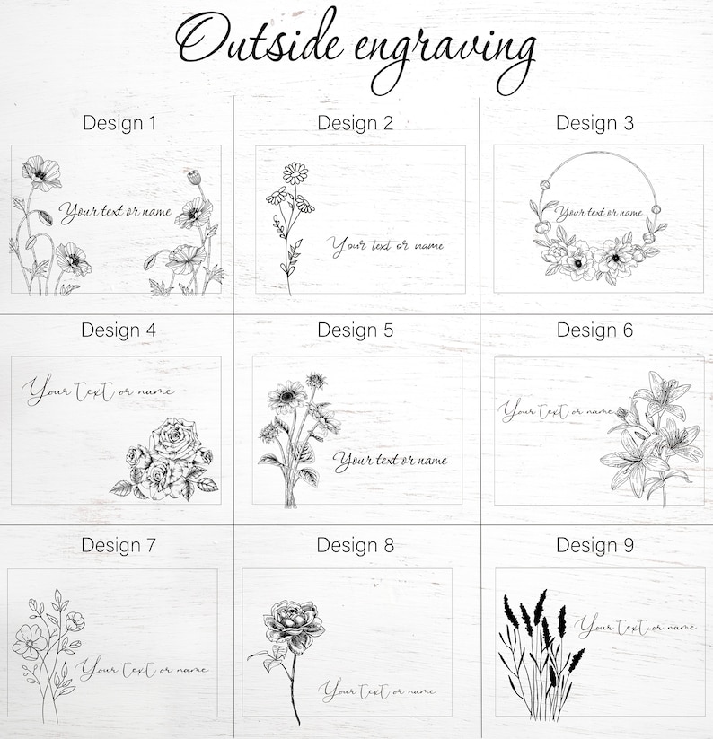 Pu&ograve; includere: Nove diversi design per l'incisione su una scatola di legno. Ogni design presenta un diverso motivo floreale e il testo "Your text or name".