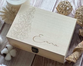 July Delphinium Wooden Box: Personalized Keepsake with Custom Engraving | Cherish Your Memories