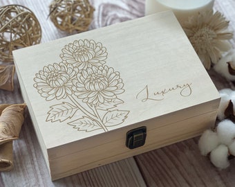 Chrysanthemum November Zodiac houten kist: gepersonaliseerde aandenken voor bruid, huwelijksgeschenken en meer aangepaste gravure
