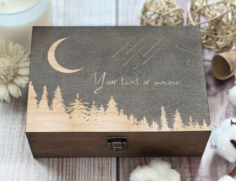 Crescent Moon, Falling Stars, Personalized Wooden Box, Gift For Friend, Gift For Family, Birthday Box, Custom Box, Keepsake Box, Memory Box image 2