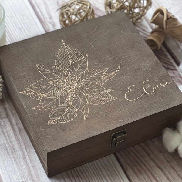 December Poinsettia Engraved Wooden Box - Personalized Gift for Christmas and Holiday Season Birth Flower, Engraving, Customizable