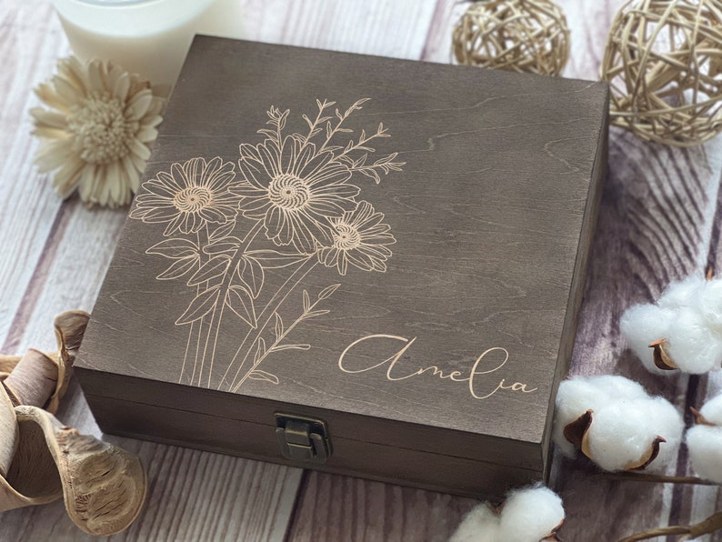 Personalized Wooden Box with Engraving Bridesmaid Gifts, Birthday Gifts for Her, Jewelry Organizer April Flower, Daisy image 3