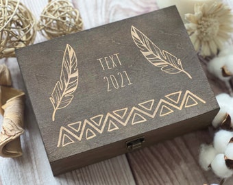 Feathers, Personalized Wooden Box, Gift For Couples, Name Gift, Anniversary Gift, Boxes Wholesale, Custom Box, Keepsake Box, Memory Box