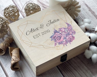 Diamond Heart And Violet Roses, Keepsake Box, Personalized Box, Wooden Memory Box, Wedding Box, Photo Box, Gift For Couples, Custom Boxes
