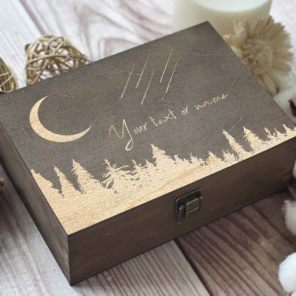 Crescent Moon, Falling Stars, Personalized Wooden Box, Gift For Friend, Gift For Family, Birthday Box, Custom Box, Keepsake Box, Memory Box