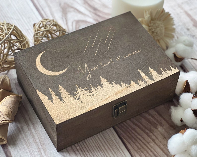 Crescent Moon, Falling Stars, Personalized Wooden Box, Gift For Friend, Gift For Family, Birthday Box, Custom Box, Keepsake Box, Memory Box image 1