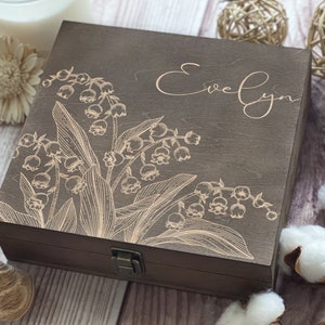 Personalized Wooden Box with Engraving - Lily of the Valley Design, May Zodiac Gift | Custom Keepsake Box