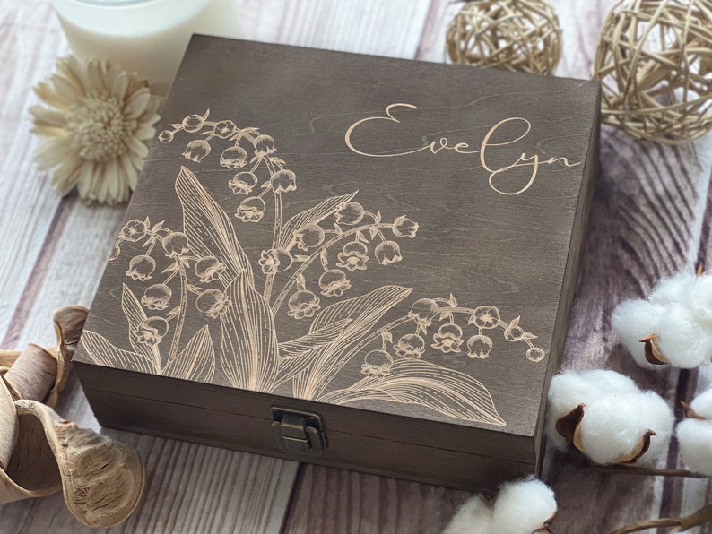 Personalized Wooden Box with Engraving Lily of the Valley Design, May Zodiac Gift Custom Keepsake Box image 1