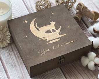 Personalized Cat and Moon Wooden Keepsake Box