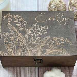 Personalized Wooden Box with Engraving Lily of the Valley Design, May Zodiac Gift Custom Keepsake Box image 4