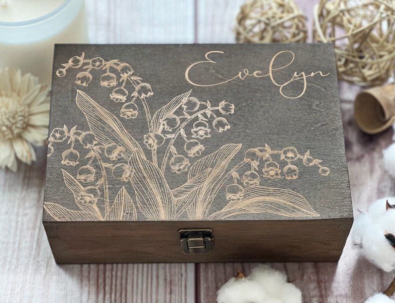 Personalized Wooden Box with Engraving Lily of the Valley Design, May Zodiac Gift Custom Keepsake Box image 4