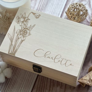 Personalized Wooden Box with Engraving Bridesmaid Gifts, Birthday Gifts for Her, Jewelry Organizer March flower, Daffodil image 1