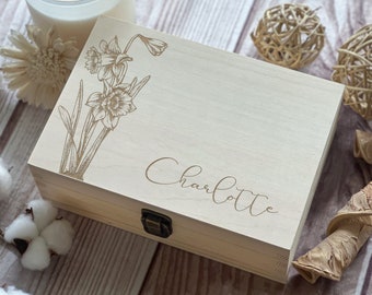 Personalized Wooden Box with Engraving - Bridesmaid Gifts, Birthday Gifts for Her, Jewelry Organizer March flower, Daffodil