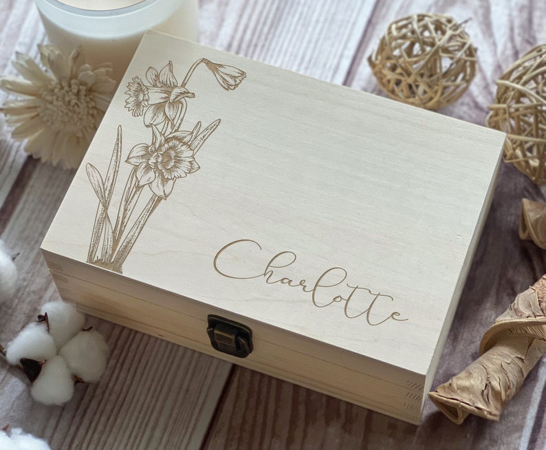 Personalized Wooden Box with Engraving Bridesmaid Gifts, Birthday Gifts for Her, Jewelry Organizer March flower, Daffodil image 1