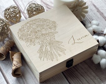 Personalized Wooden Box with Engraving - June Rose Design | Custom Keepsake Box for Gifts and Memories