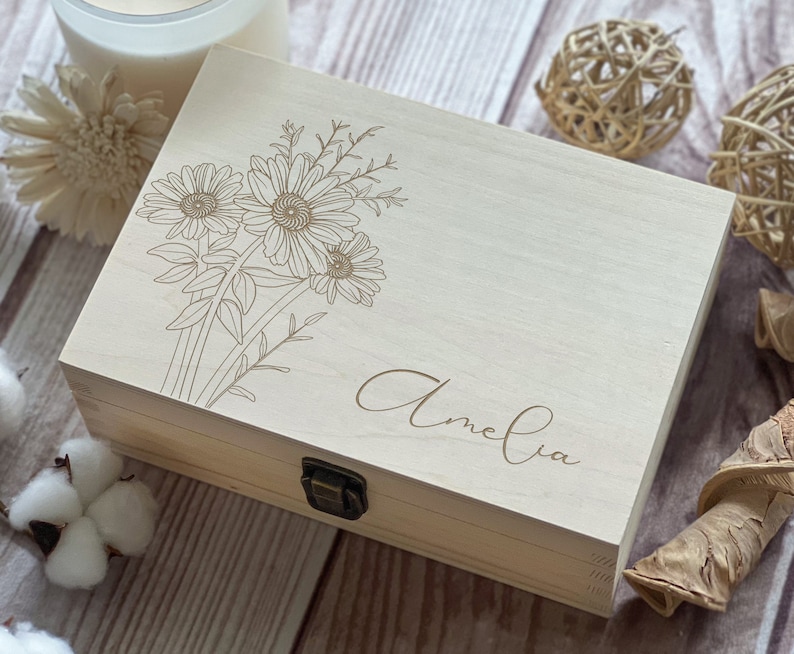 Personalized Wooden Box with Engraving Bridesmaid Gifts, Birthday Gifts for Her, Jewelry Organizer April Flower, Daisy image 5