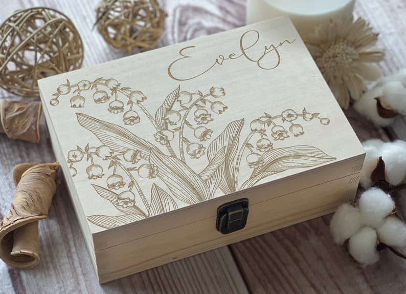 Personalized Wooden Box with Engraving Lily of the Valley Design, May Zodiac Gift Custom Keepsake Box image 5