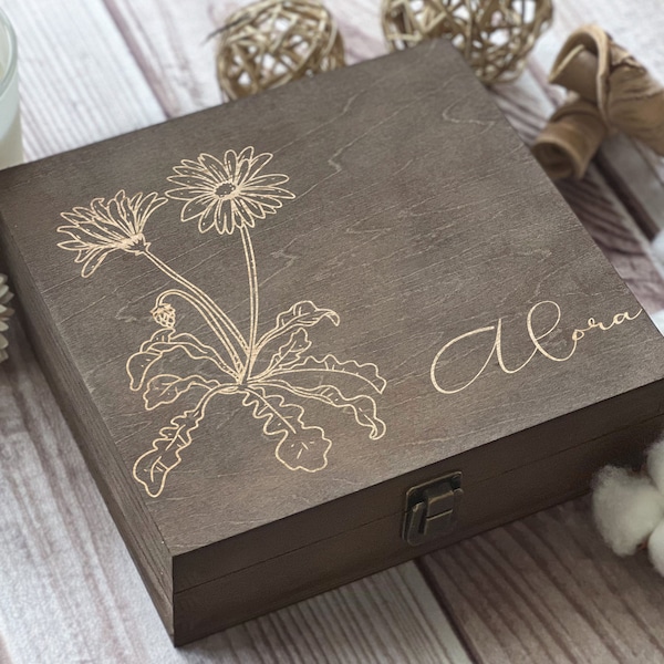 September Aster Wooden Box: Personalized Keepsake Box for Birthdays and Anniversaries Gift for Here Mother Day, Bride