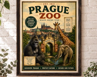 Prague Zoo Poster, Vintage Style Czech Travel Print, Gorilla Giraffe Elephant Animal Wall Art