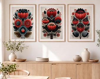 Scandinavian Wall Art Set of 3, Nordic Botanical Prints, Red Floral Folk Art, Minimalist Flower Decor