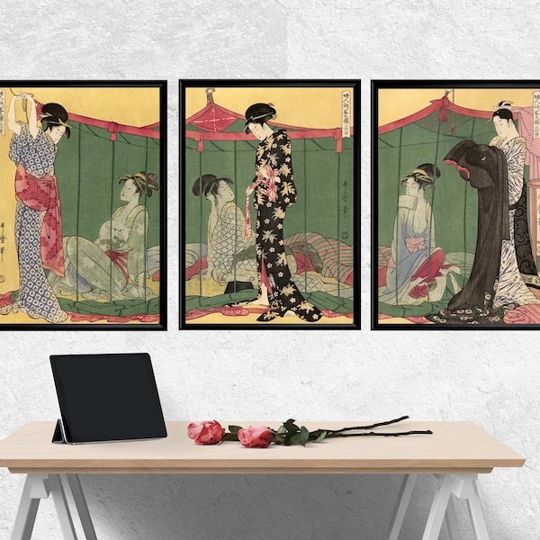 Triptyque Art japonais ancien Edo, lot de 3 affiches femme japonaise triptyque