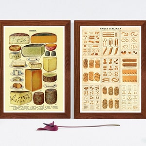 Set di 2 poster da cucina vintage, stampe di pasta italiana e formaggio, arte murale retrò con cibo e bevande, decorazioni culinarie per la cucina, idea regalo