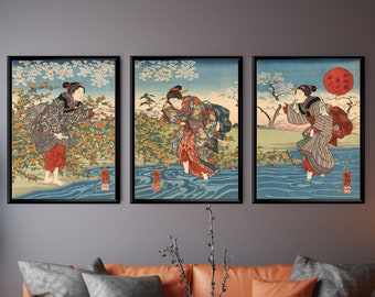 Japanisches Triptychon Japanische Frauen überqueren einen flachen Fluss Vintage blaue Poster Set mit 3 Drucken